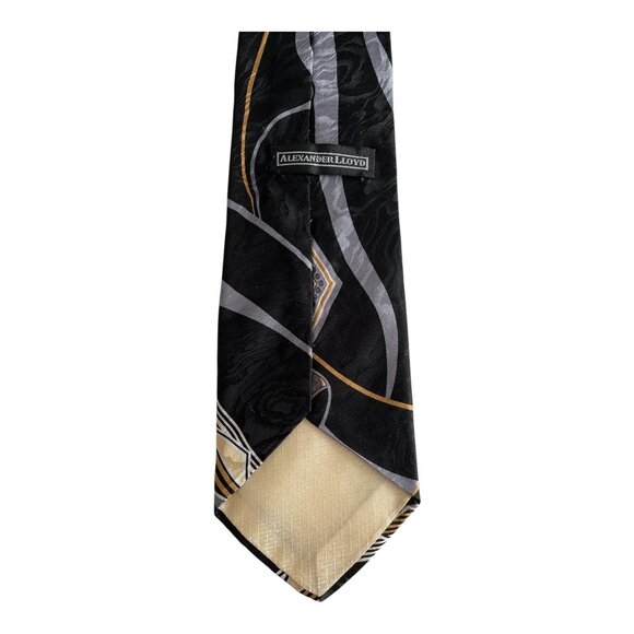 Alexander Lloyd Men’s Silk Tie – Geometric Diamond Pattern – Black, Gold, Gray – - Picture 3 of 4